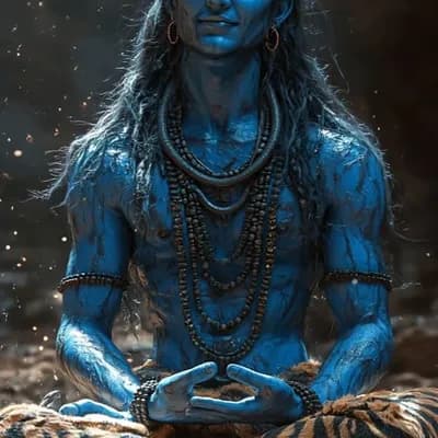 AI generated video: Lord shiva smile gentle sitting in desert, eyes open and welcome with opening arms 