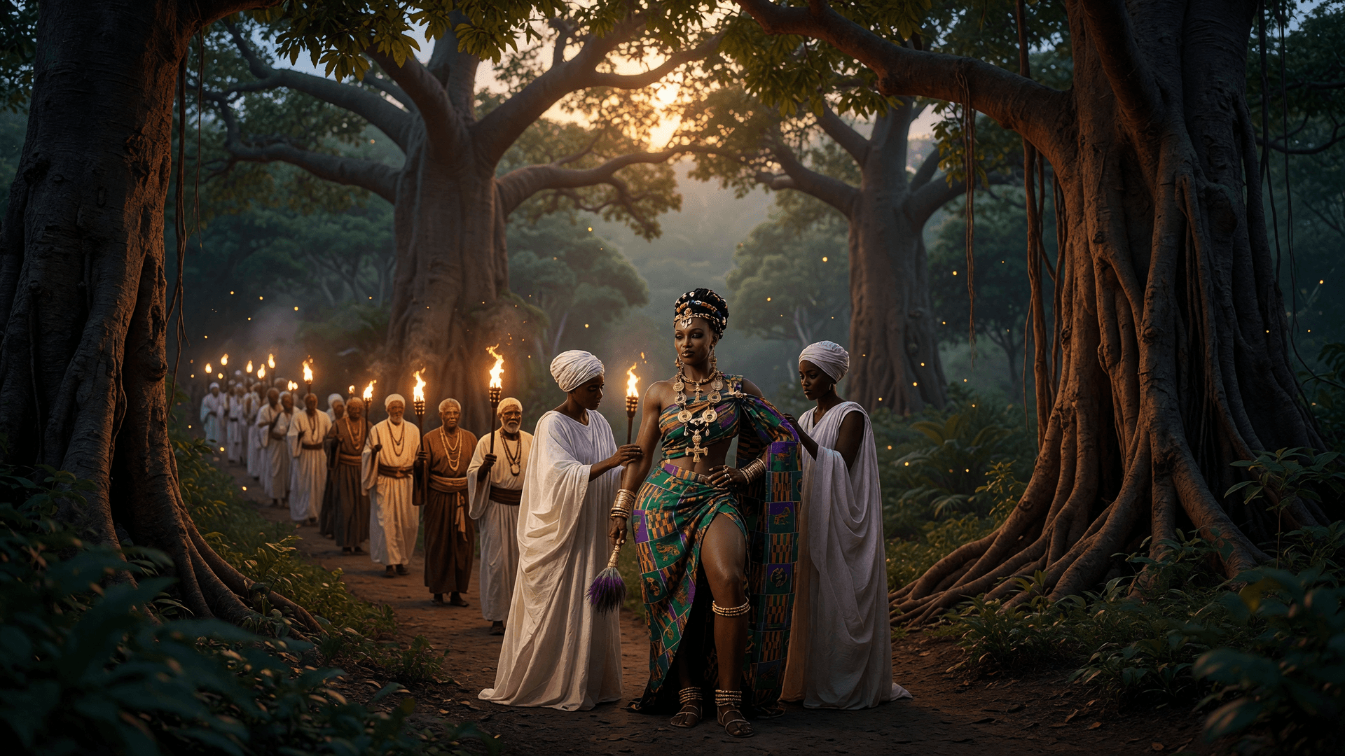 AI generated: A cinematic 16:9 photorealistic wide shot of a torchlit procession moving through an ancient dense A...