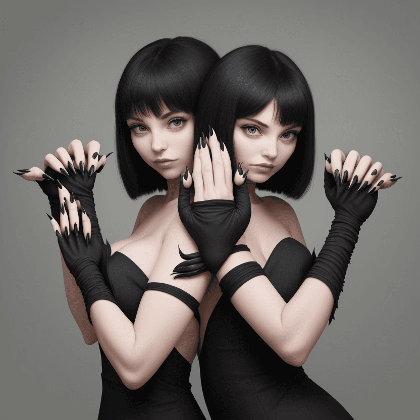 AI generated: two woman's arms with hands with black long curved nails (almost claws)