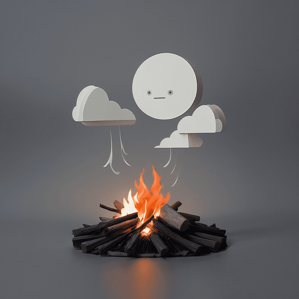 AI generated: [a cute papercraft in the styte of Eiko Ojala] a little campfire and dark grey clouds above it, pape...