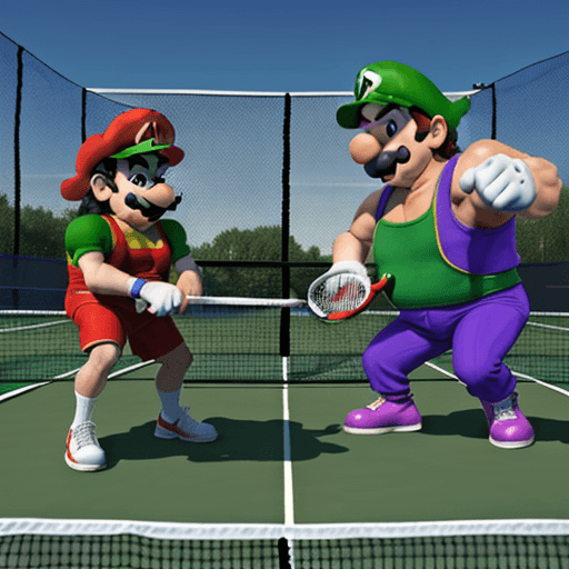 AI generated: buff mario and buff luigi playing doubles tennis against wario and waluigi