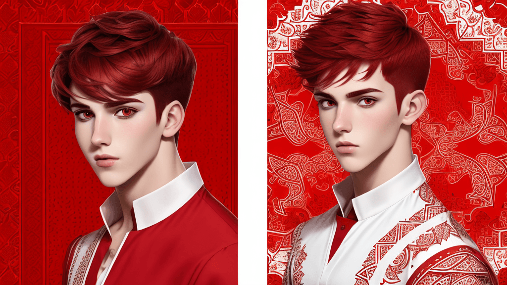 AI generated: Red Theme, Cartoon Pattern, Young Man, White Arabic Dress, Red Eye, Dark Red Hair, Sharp Nose, Right...