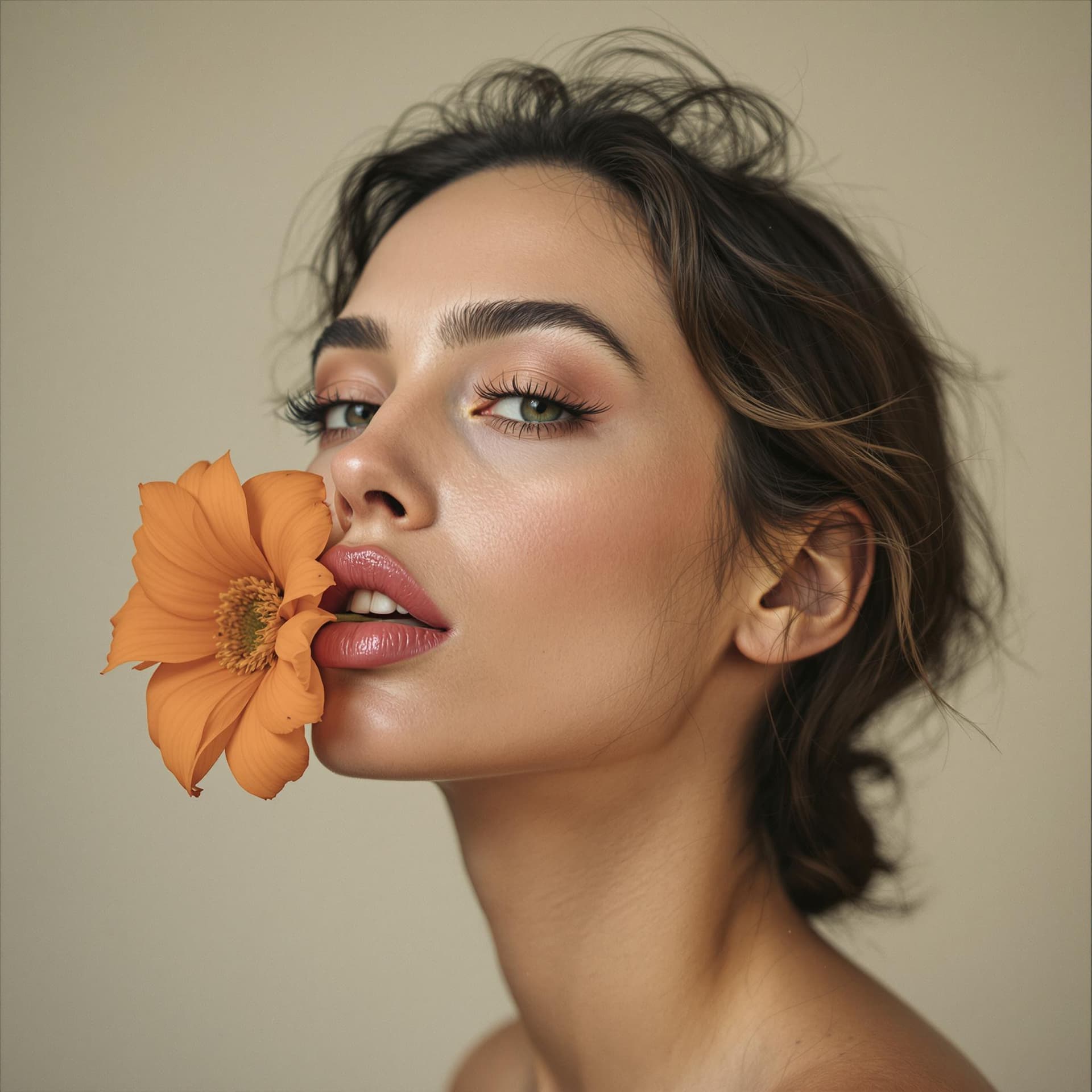 AI generated: gros plan extrême d'une femme avec une fleur dans la bouche, uma thurman, image de profil, visage de...