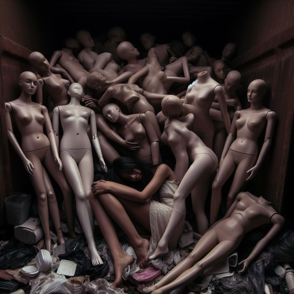 AI generated: An Eerie Scene: A Human Surrounded by Damaged Mannequins in a Dumpster Imagine a birds-eye view of a...
