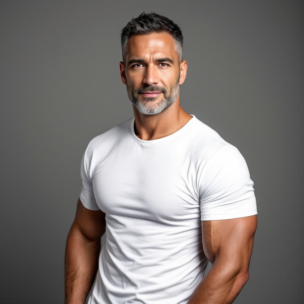 AI generated: Studio photo of a 48-year-old white American man, slightly tanned skin, cropped dark hair, silver-fl...