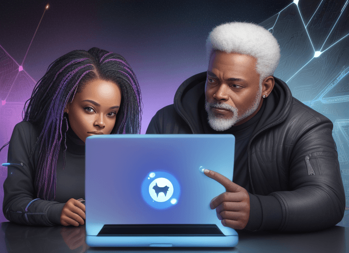AI generated: Image of a cyber space middle age man and 28 year old woman love African American