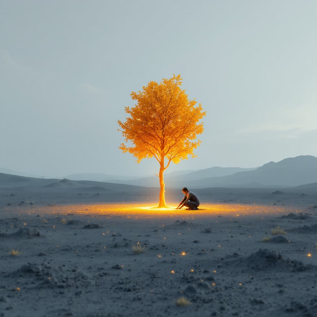 AI generated: Single person planting a glowing tree in a grey wasteland, color spreading from the plant, 3D symbol...