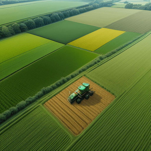 AI generated: Aerial view of cultivated fields with tractors at work, photographed with a DJI Mini 2 SE drone, blu...