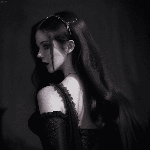AI generated: A stunningly beautiful female vampire stands in a dark, gothic setting. Her pale skin contrasts shar...