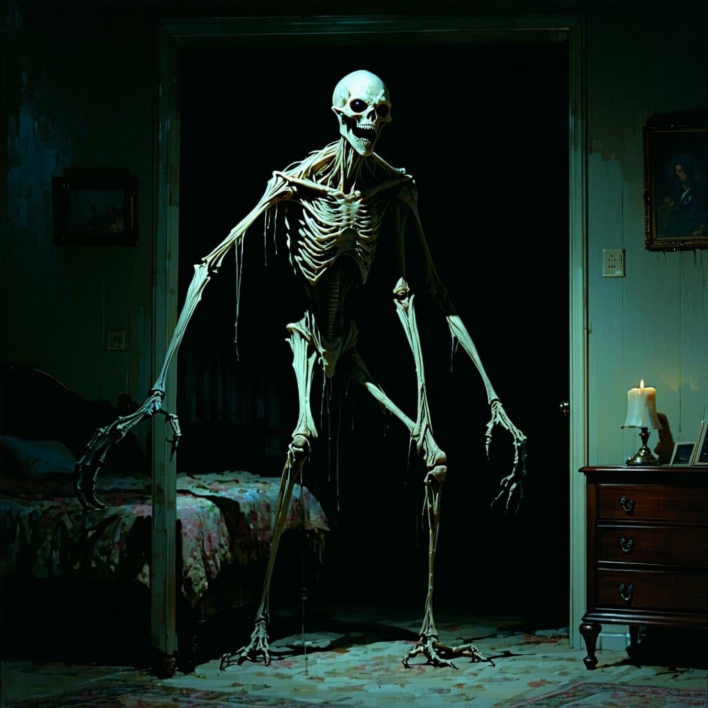 AI generated: A horrifying humanoid creature breaking into a dark bedroom, with extremely long limbs. It stands on...