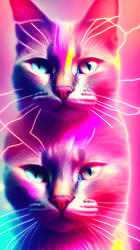 AI generated:   Portrait photo of pink cat with fill of lightening colors, cute eyes, light bokeh, intricate, eleg...