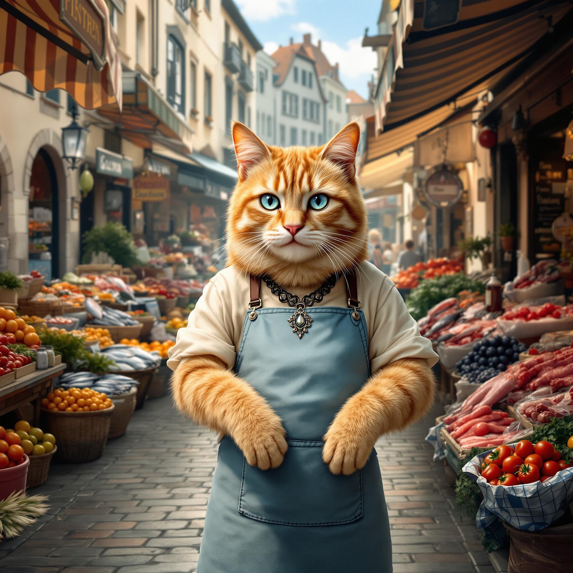 AI generated: A ginger tabby cat, positioned centrally within a bustling outdoor market scene, acts as a vendor. T...