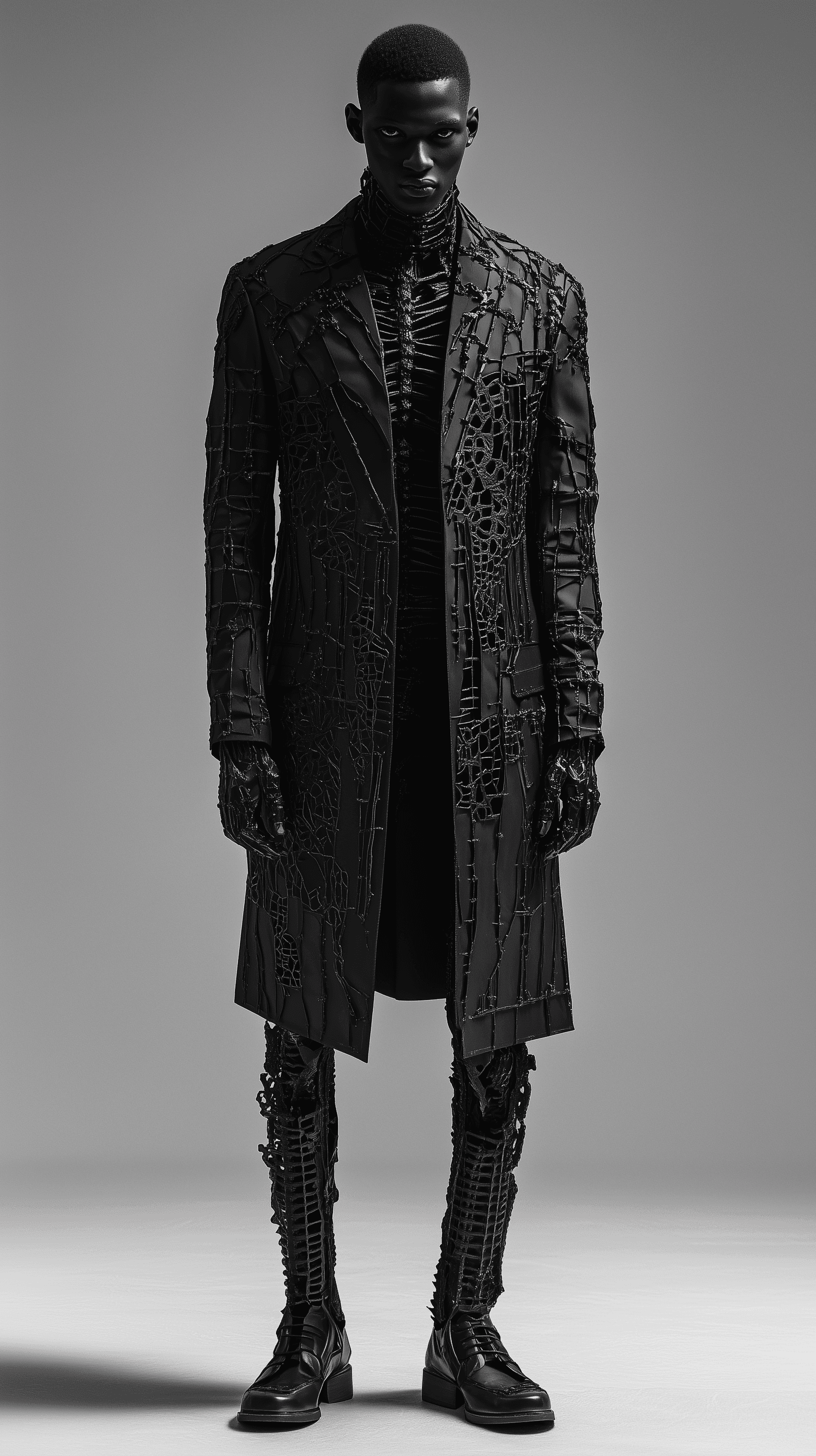 AI generated: photography, front full body shot, man model, gaze, avant-garde long jacket, inspired by matte black...