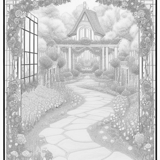 AI generated:  A Garden coloring page, A magical garden, with a large beautiful rose, a place where beauty and nat...