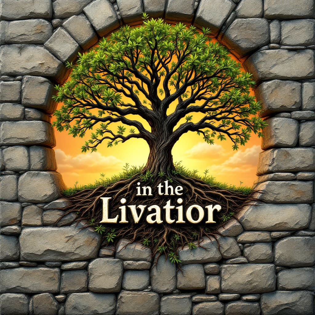 AI generated: A tree growing through a stone wall, breaking through its limits, with its branches forming the word...