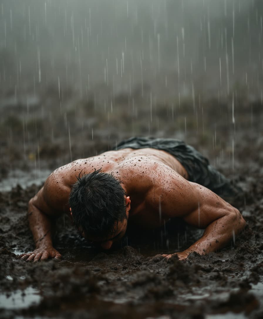 AI generated: Shirtless protagonist crawls through mud and rain, struggling to make progress but persevering