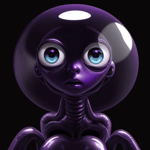 AI generated: pictures of one extraterrestrial has very big eyes are purple and shiny 