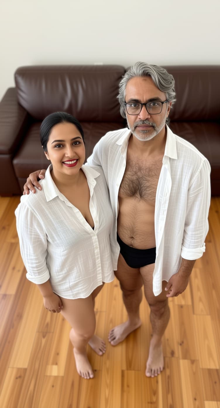 AI generated: merge the image of lady and man to a single image, keep the high angle view of the camera in merged ...