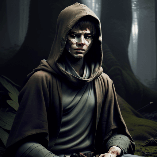AI generated: A Jedi meditating after a battle in Endor, his skin shows fight wounds, his face is calm though tire...