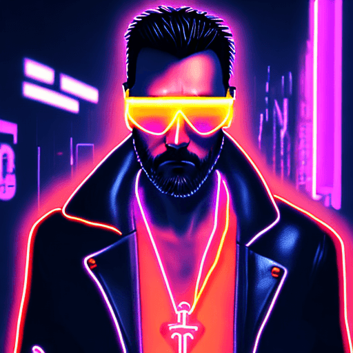 AI generated: cyberpunk, priest, man wearing leather coat and aviator sunglasses, look into you, black short hair,...