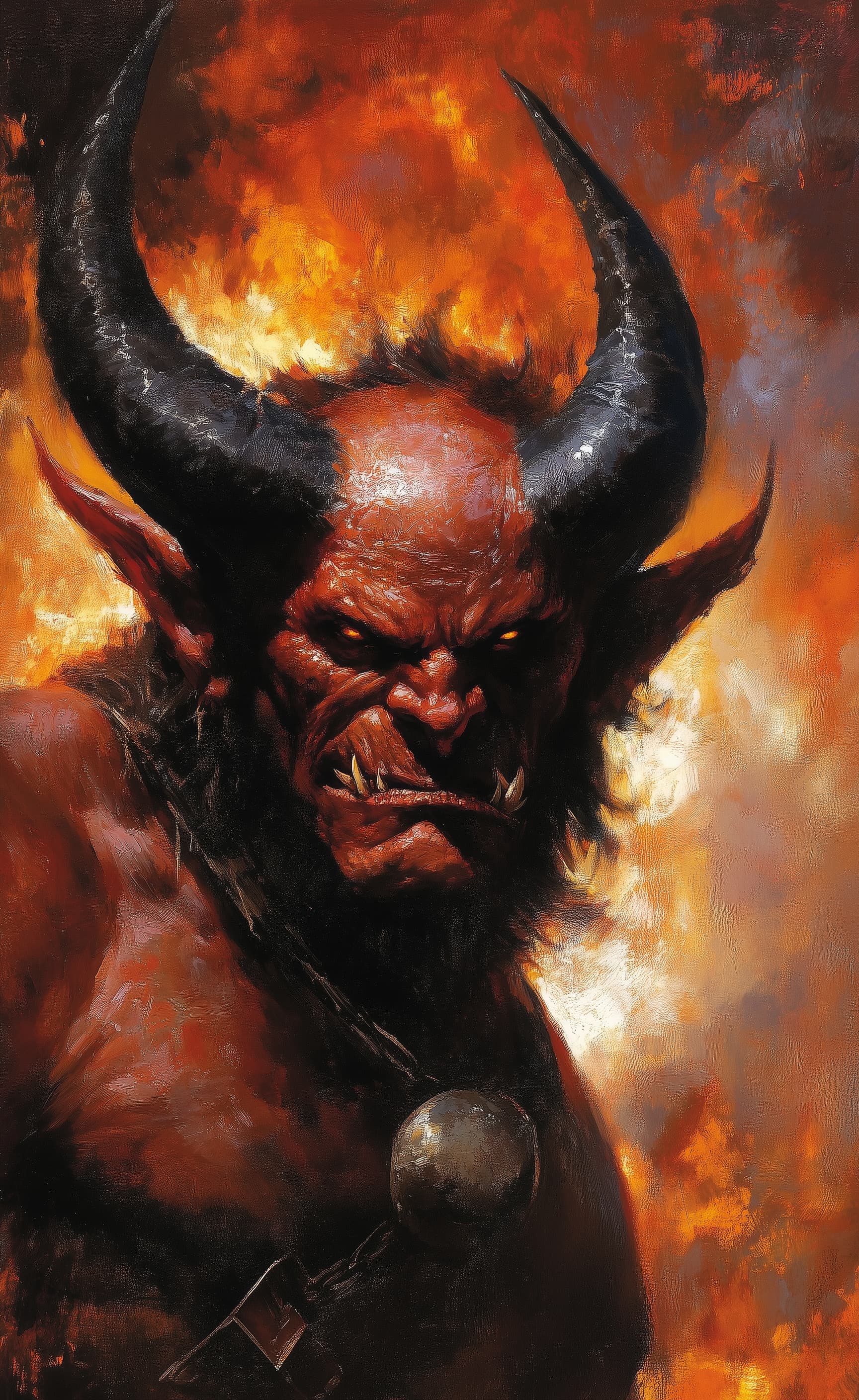 AI generated: A red-skinned goblin with black horns, In the background, there is fire and smoke. Painted in the st...