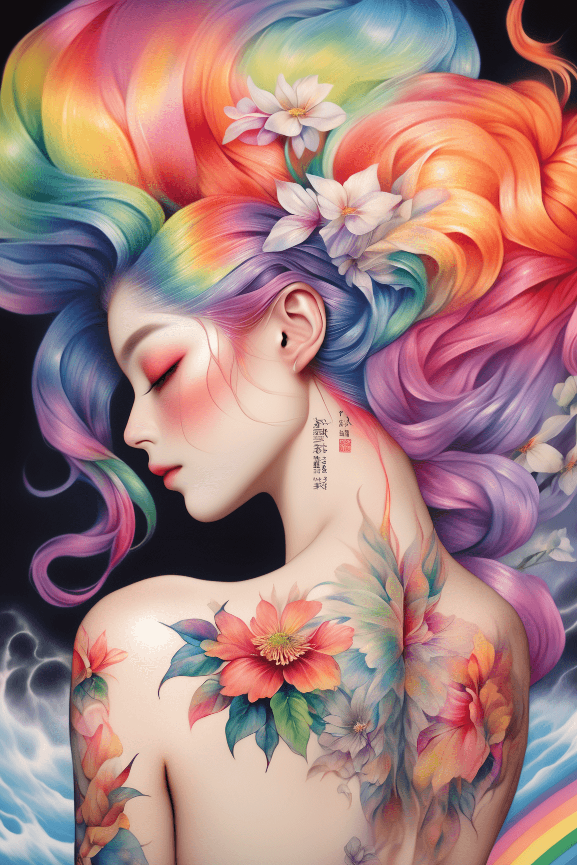AI generated: (masterpiece, best quality, niji style, realistic), beautiful lady back, high detail skin, hearted-l...