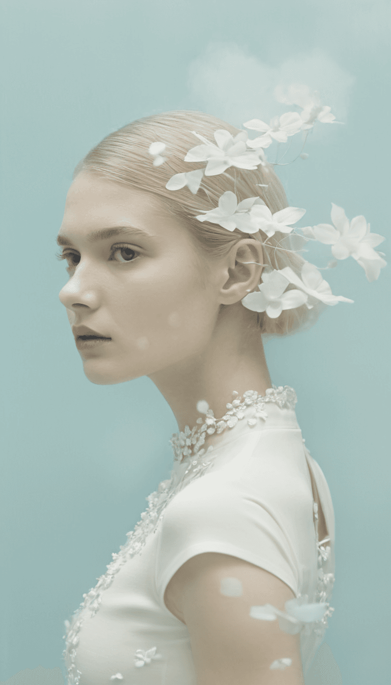 AI generated: digital art, fashion editorial, a close portrait of beautiful blond woman is studio double exposure,...