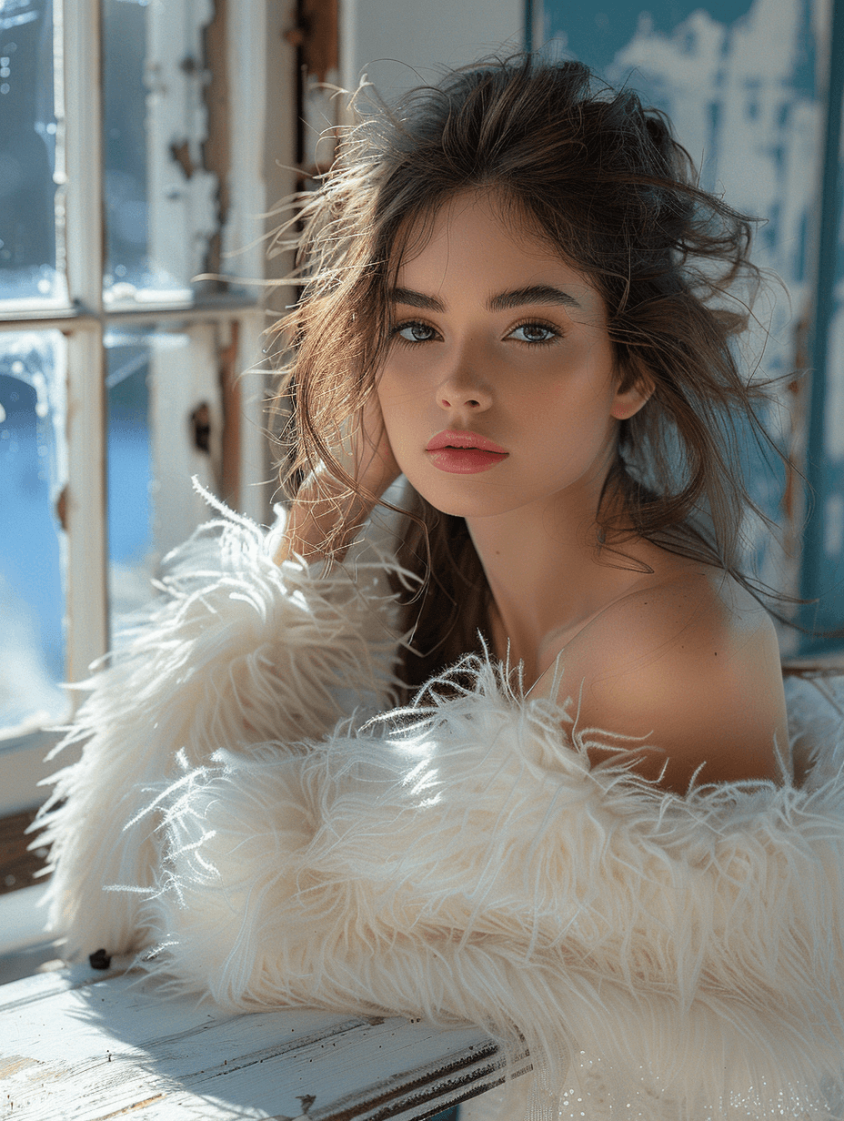 AI generated: a beautiful woman wearing white fur posing around an outdoor table in front of a window, in the styl...