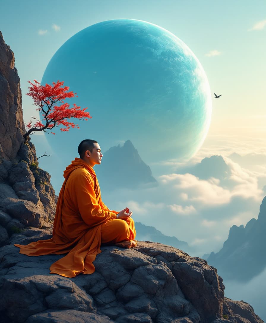AI generated: Asian man (ethnicity:1.2), (age:30), (body type:1.1), seated in meditative pose (pose:1.2), wearing ...