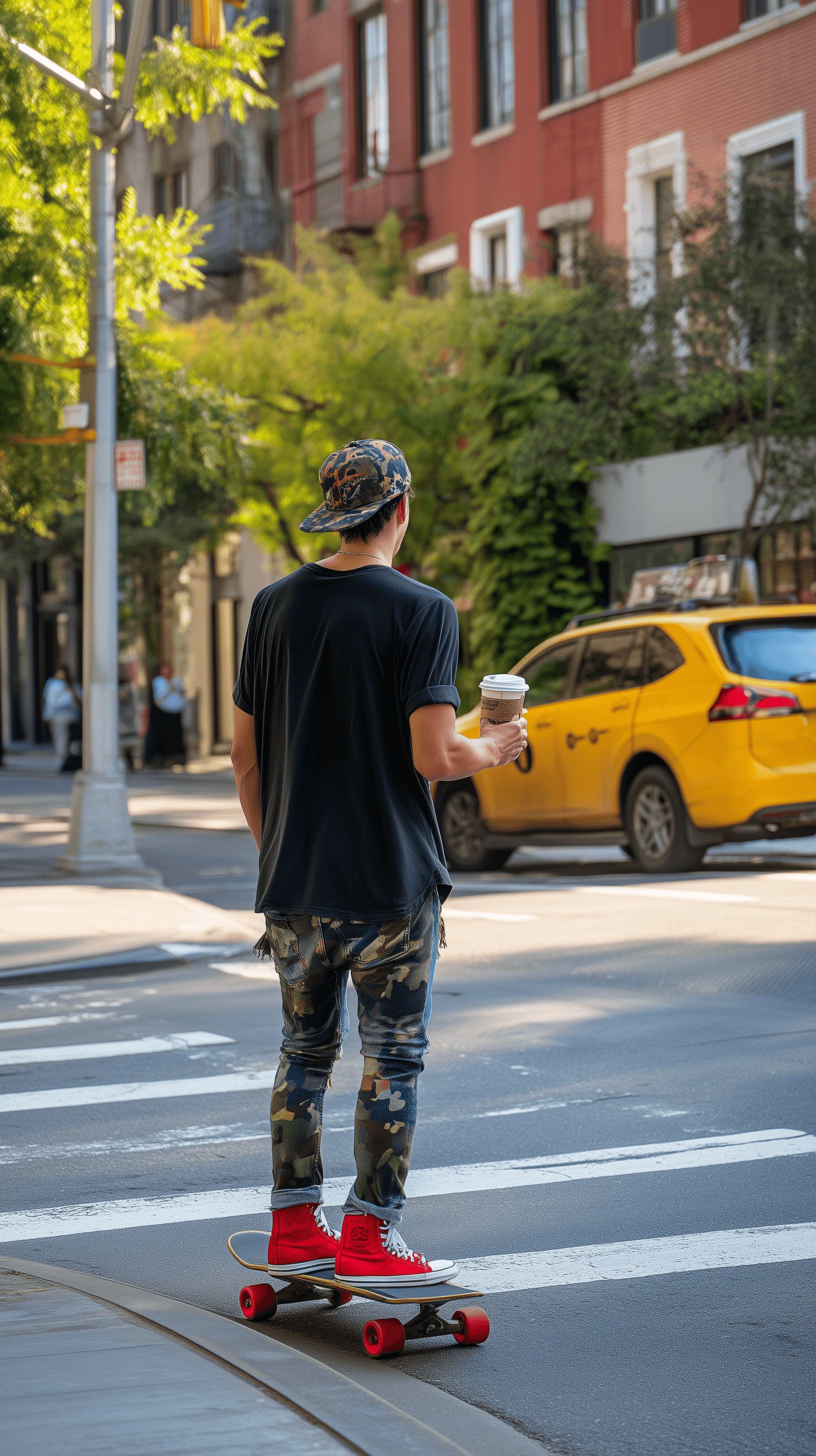 AI generated: snapshot, candid urban scene, rear full-body composition, shot with a Canon EOS R5 and 50mm f/1.2 le...