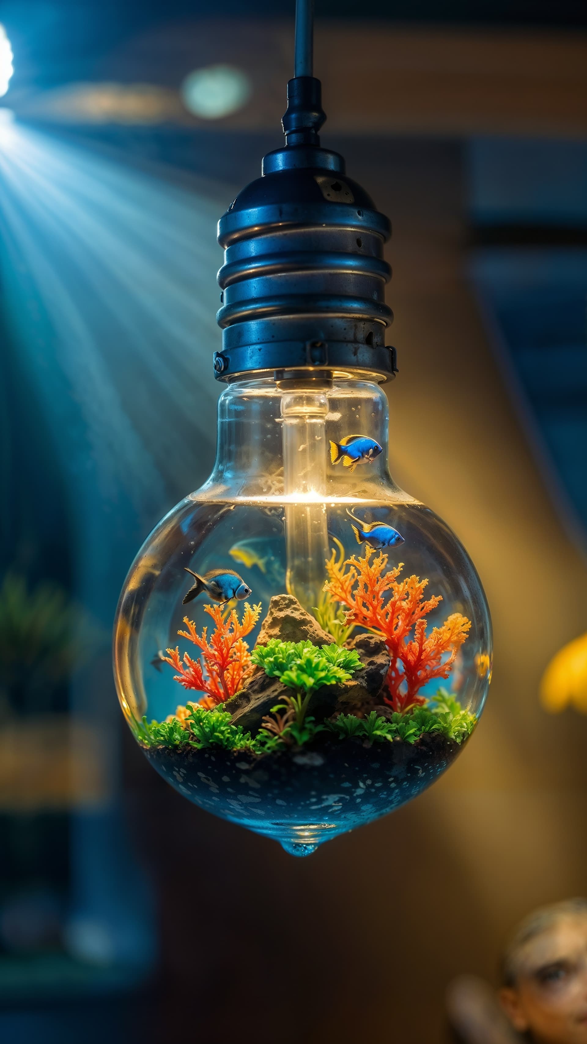 AI generated: A stunning, ultra-high-definition image of a miniature aquarium contained within a glass light bulb....