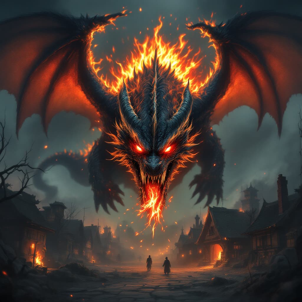 AI generated: a very evil and angry dragon with fire wings and red eyes flaying over a village and throwing fire f...