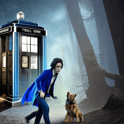 AI generated: A burtonesque style picture of the TARDIS from Doctor Who in a haunted forest, with his robot dog K-...