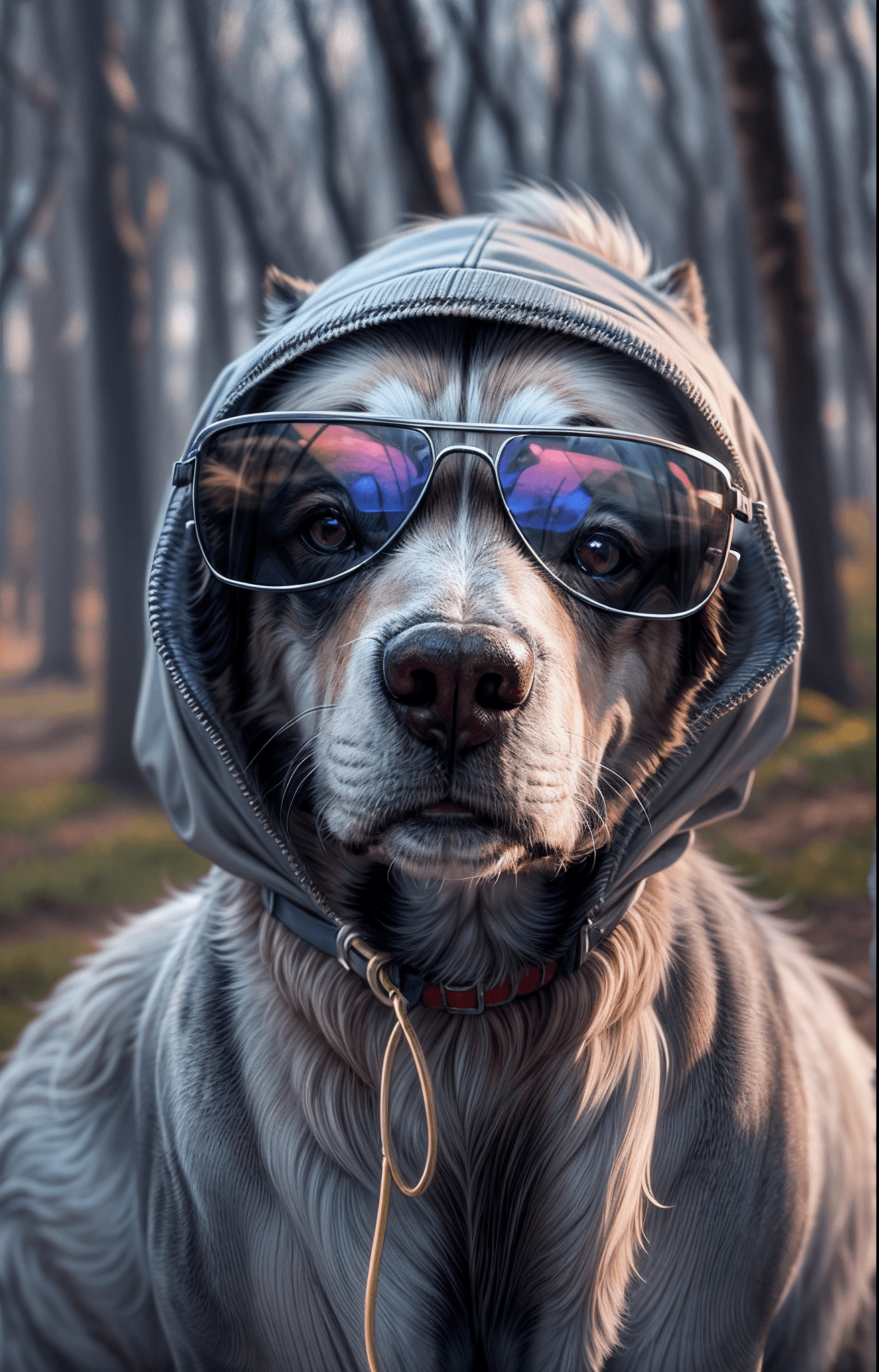 AI generated: "Wild and dignified eyes shining through sunglasses, a dog wearing a gray hoodie, against a dynamic ...