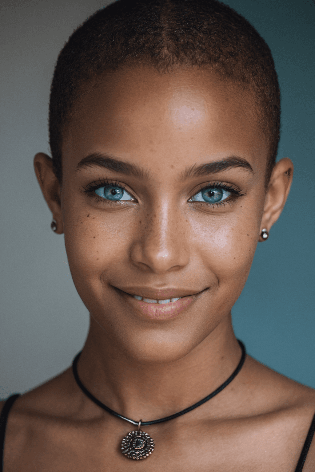AI generated: beautiful african girl, smile, happy, shaved hair, black necklace, (detailed eyes:1), ((light blue e...
