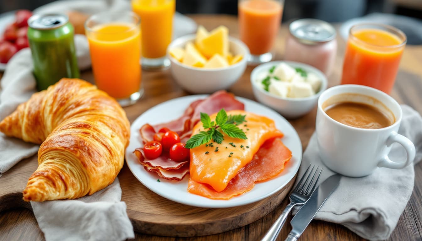 AI generated: healthy breakfast table consisting of a croissant, omelet, bacon, ham, cheese, marmalade, smoked sal...