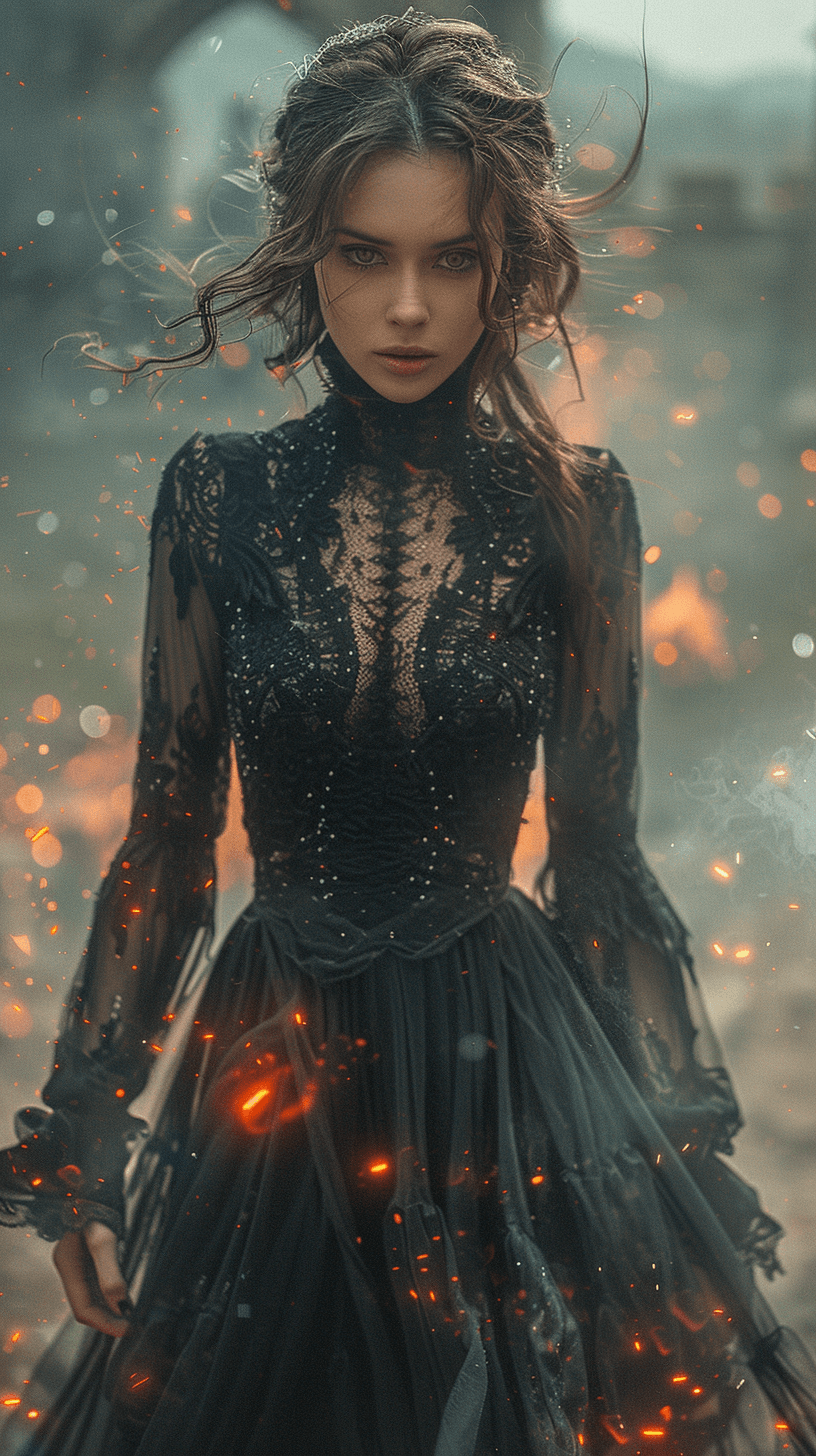 AI generated: In the style ofThe Witcher, a female magician in her twenties, dressed in long flowing black lace dr...
