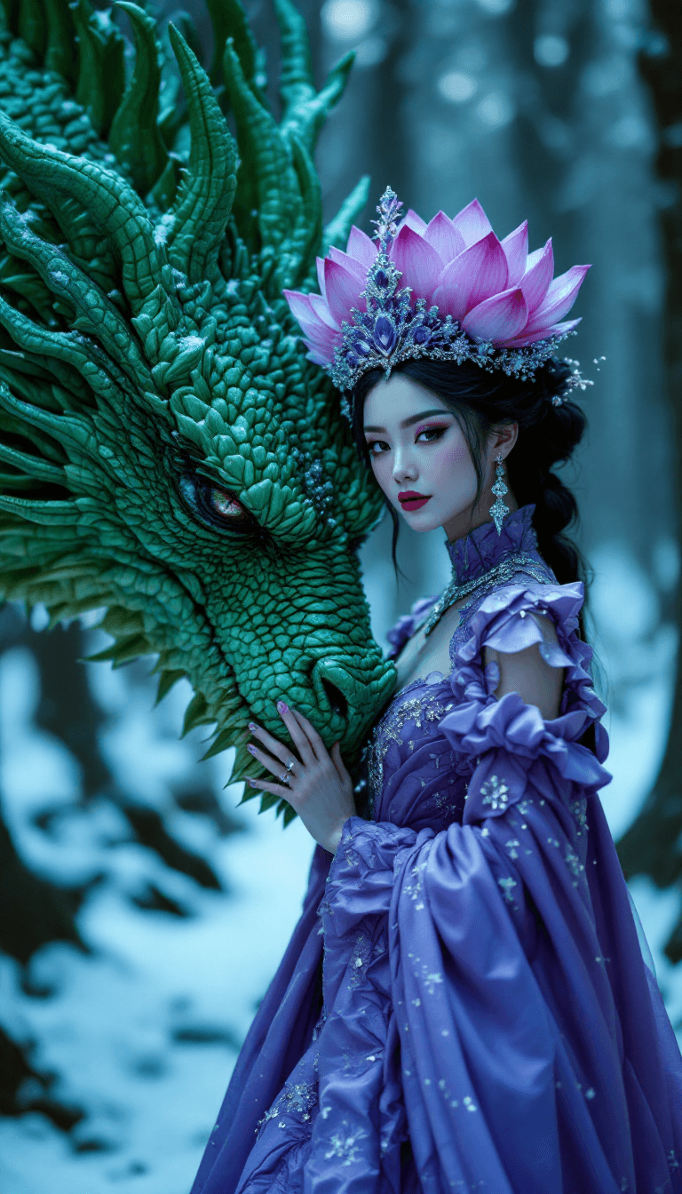 AI generated: candid closeup photo of an eccentric traditional lotus queen, standing next to a gigantic real green...