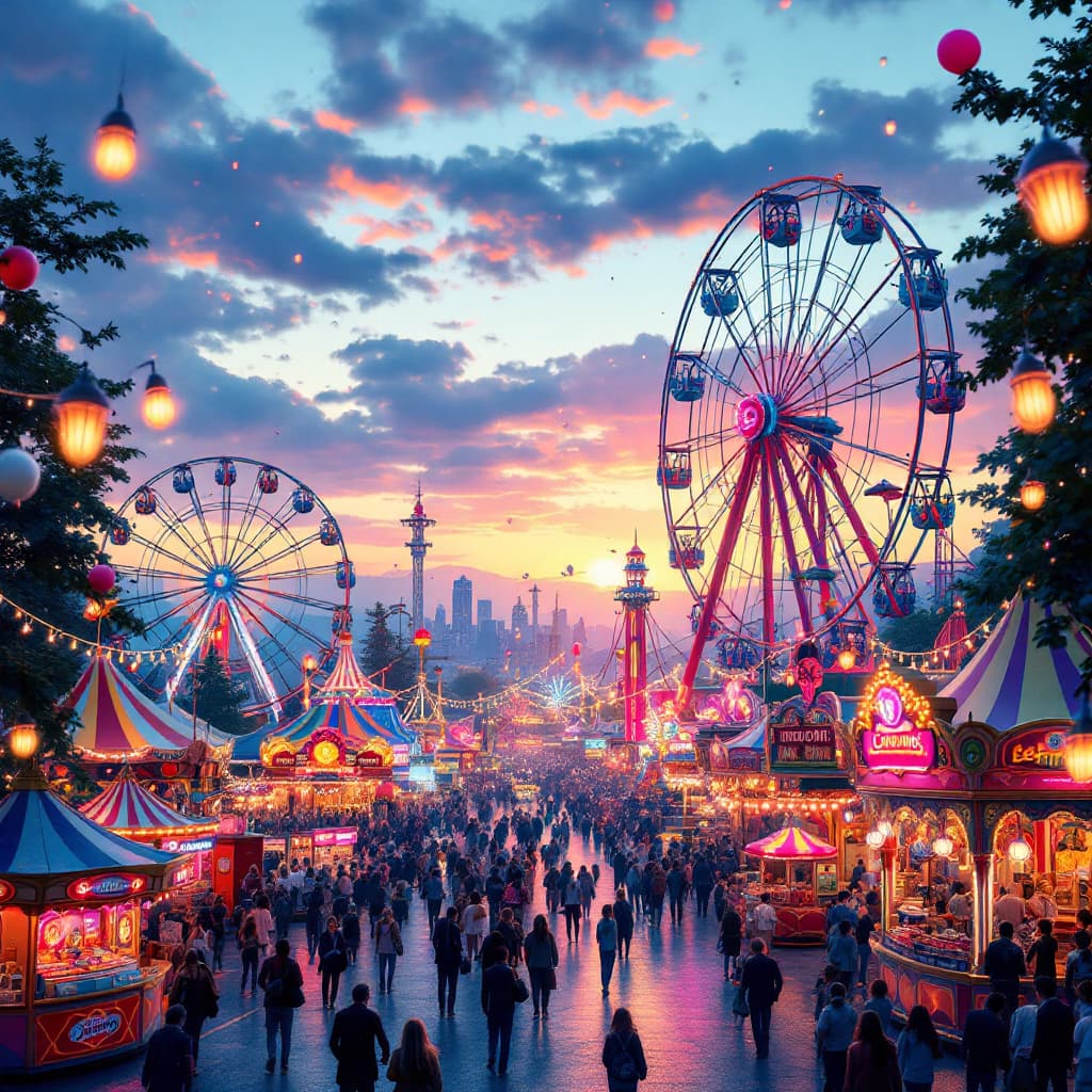 AI generated: generate a unique image, Vivid and colorful carnival landscape, featuring a bustling fairground with...