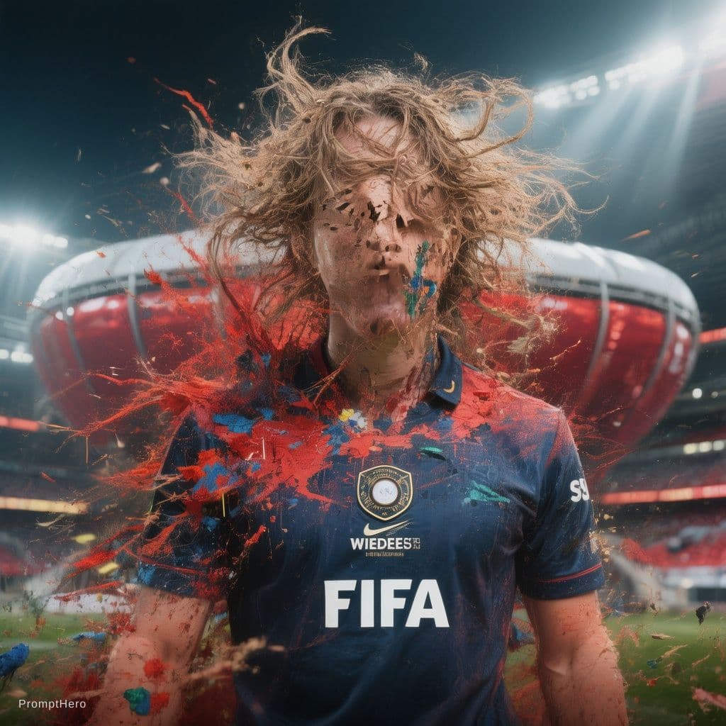 AI generated: FIFA stadium in FIFA Jersey, medium lenght messy hair