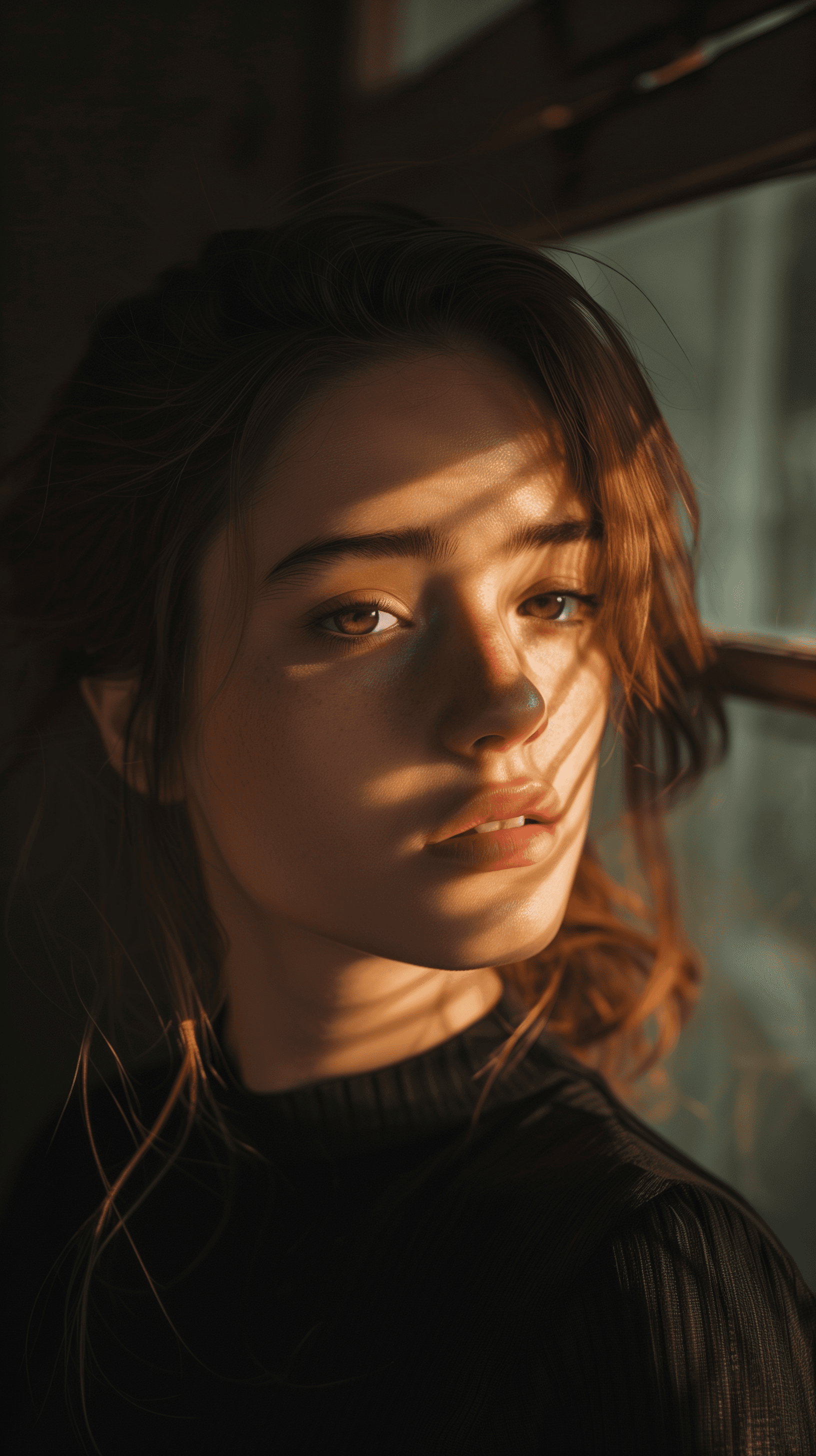 AI generated: close-up portrait, young woman in a dimly lit room, gaze to front, half of her face bathed in the st...