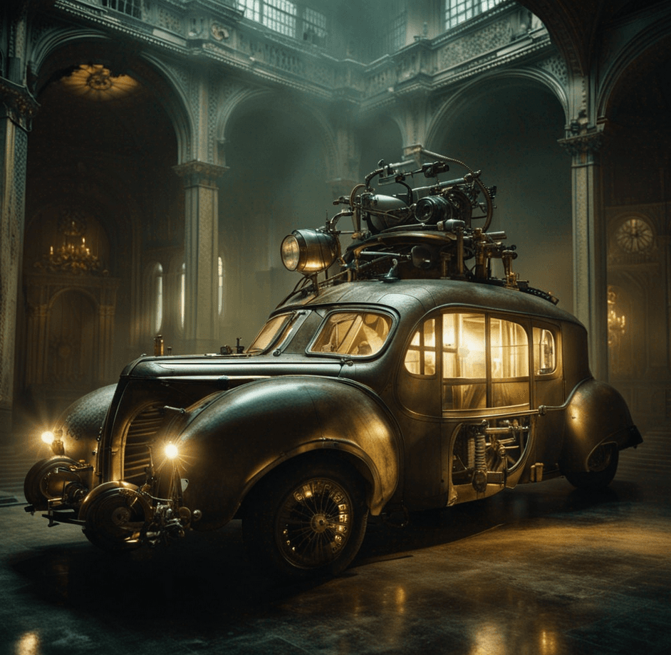 AI generated: Wide shot of a minimal biomechanical steampunk vehicle reminiscent of 40s car 1940, with robotic par...