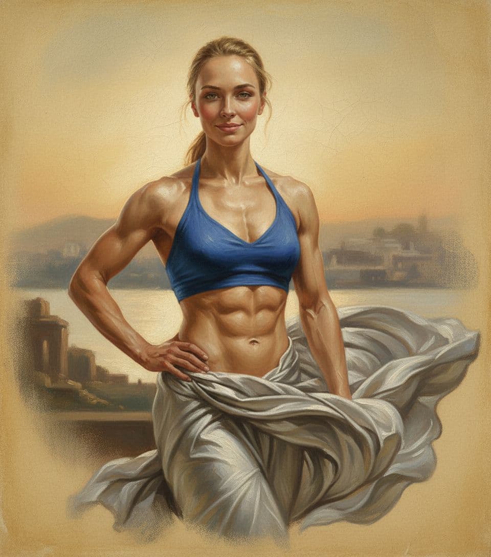 AI generated: Neo-classical style painting with visible craquelure effect of a muscular woman, wearing a cobalt bl...