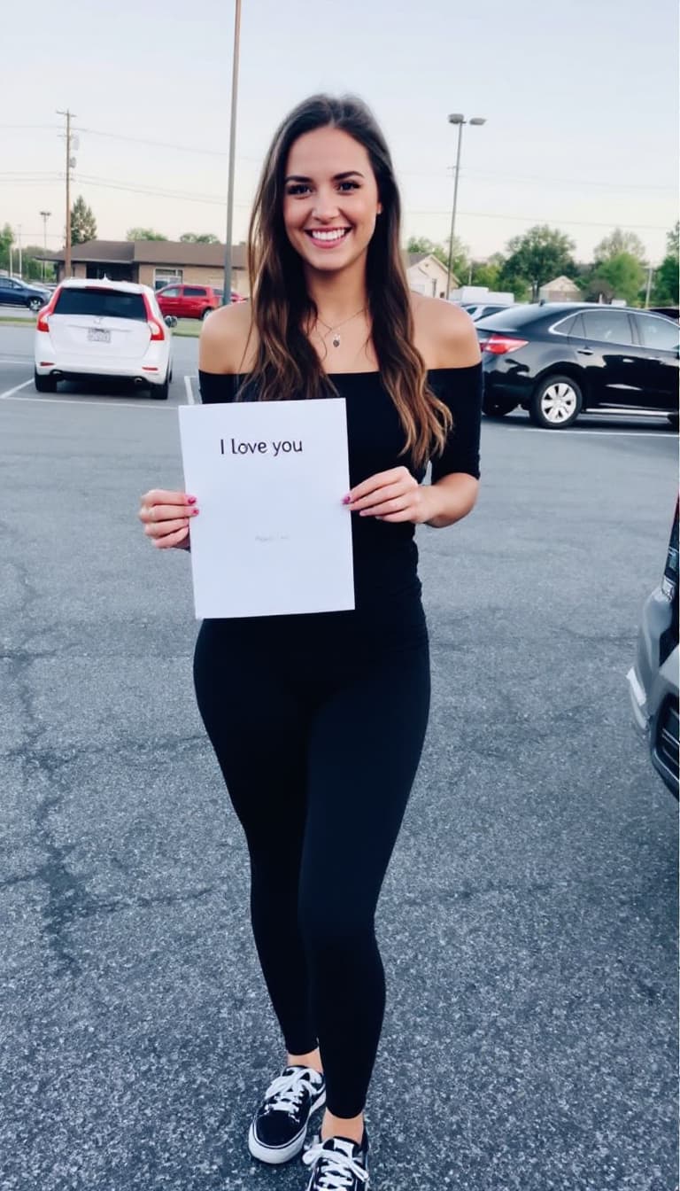 AI generated: My girlfriend is holding an A4 sheet & named by I love you, Liv Tyler, wearing a black off the shoul...