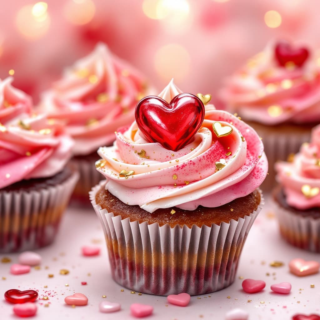 AI generated: watercolor style valentine cupcakes with gold, pink, red, hearts
