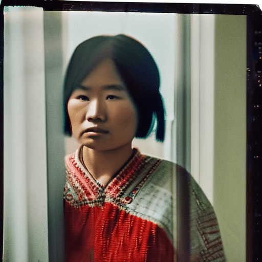 AI generated: analog color film photograph of a Mongolian woman wearing very low cut designer clothing, her long b...