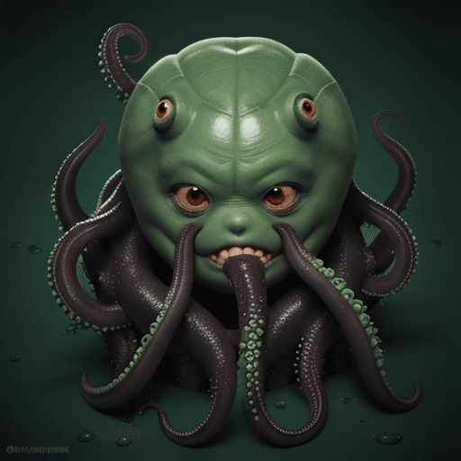 AI generated: Scary dark green monster, round head, no body, big toothy mouth, no eyes, many tentacles, green crac...