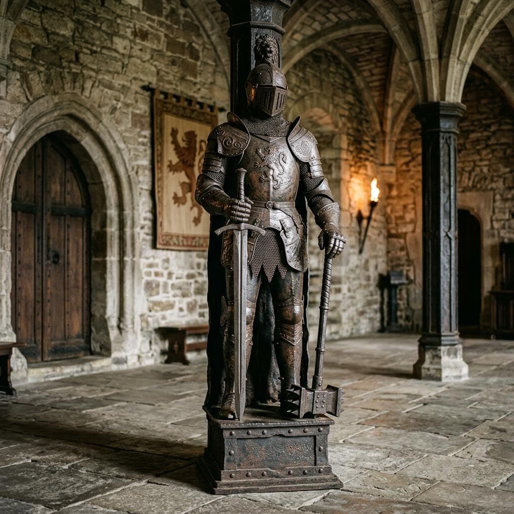 AI generated: an iron column sculpted to look like a midieval warrior holding a sword in one hand and a warhammer ...