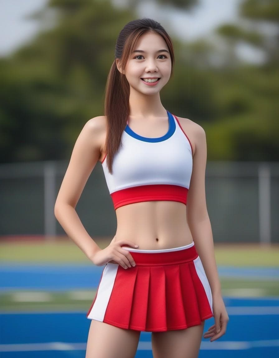 AI generated: beautiful blonde girl wearing ponytail wearing cheerleader outfit standing on football field best qu...