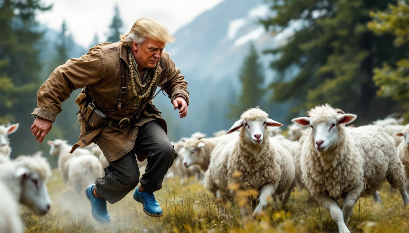 AI generated: Donald trump is ranning away whit blue shoes he has goats and sheeps he is herder in the mountains a...